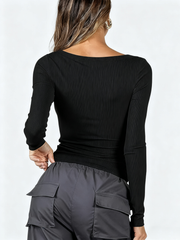 ASKSA Women's T-Shirt Slim Fit Y2K Long Sleeve Top Sexy Round Neck Crop Top Basic T-Shirt