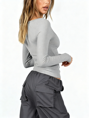 ASKSA Women's T-Shirt Slim Fit Y2K Long Sleeve Top Sexy Round Neck Crop Top Basic T-Shirt