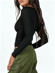 ASKSA Women's T-Shirt Slim Fit Y2K Long Sleeve Top Sexy Round Neck Crop Top Basic T-Shirt
