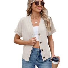 ASKSA Women's Spring/Summer Short-Sleeve Button-Up Waffle Casual V-Neck Knit Top