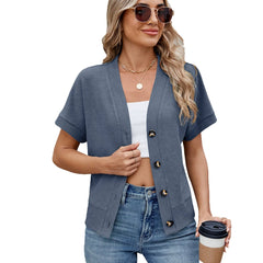 ASKSA Women's Spring/Summer Short-Sleeve Button-Up Waffle Casual V-Neck Knit Top