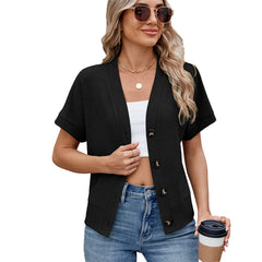 ASKSA Women's Spring/Summer Short-Sleeve Button-Up Waffle Casual V-Neck Knit Top