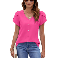 ASKSA Damen Frühling/Sommer Einfarbig V-Ausschnitt Kurzarm Locker Chiffon Perlen Top Lässiges Einfarbiges Büro-Arbeits-Top