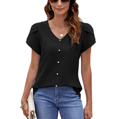 ASKSA Damen Frühling/Sommer Einfarbig V-Ausschnitt Kurzarm Locker Chiffon Perlen Top Lässiges Einfarbiges Büro-Arbeits-Top