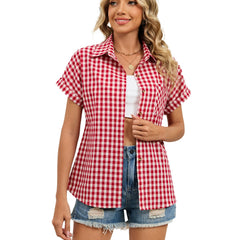 ASKSA Damen Frühling/Sommer kariertes Hemd mit Taschen und Kragen, kurzärmliger Button-Down-Strickjacke für die Arbeit