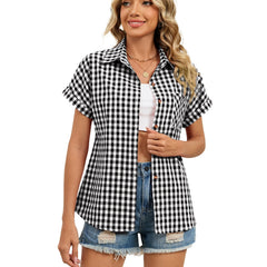 ASKSA Damen Frühling/Sommer kariertes Hemd mit Taschen und Kragen, kurzärmliger Button-Down-Strickjacke für die Arbeit
