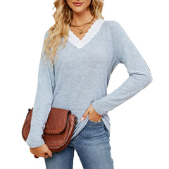 Spring solid color V-neck loose casual long-sleeved T-shirt top