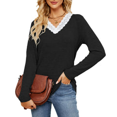 Spring solid color V-neck loose casual long-sleeved T-shirt top