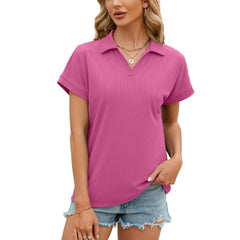 ASKSA women's solid color lapel short-sleeved T-shirt is soft and comfortable for daily wear