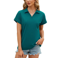 ASKSA women's solid color lapel short-sleeved T-shirt is soft and comfortable for daily wear