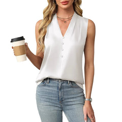 ASKSA women's silk satin button V-neck sleeveless top is suitable for business and casual wear