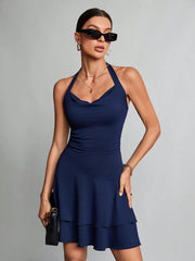 ASKSA women's halter neck halter skirt waisted lotus leaf dress