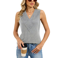 ASKSA Women's Summer Urban Style Pleated V-Neck Polyester Vest Sleeveless Solid Color Top