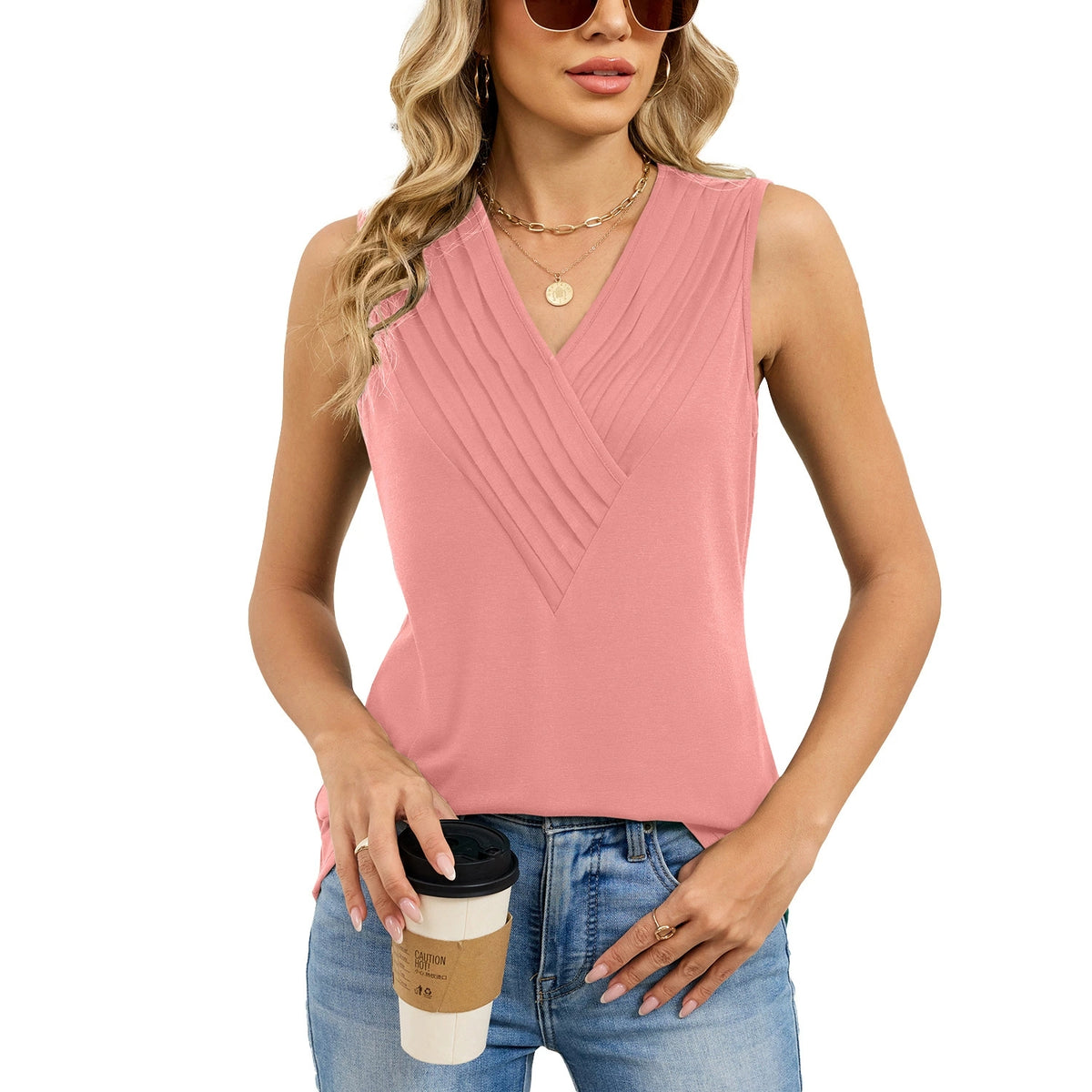 ASKSA Women's Summer Urban Style Pleated V-Neck Polyester Vest Sleeveless Solid Color Top