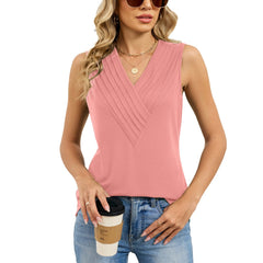 ASKSA Women's Summer Urban Style Pleated V-Neck Polyester Vest Sleeveless Solid Color Top