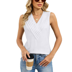 ASKSA Women's Summer Urban Style Pleated V-Neck Polyester Vest Sleeveless Solid Color Top