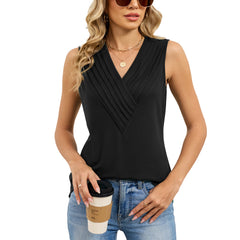 ASKSA Women's Summer Urban Style Pleated V-Neck Polyester Vest Sleeveless Solid Color Top