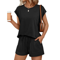 ASKSA Damen Zweiteiler – Modischer Freizeit-Hausanzug mit Rundhalsausschnitt, Kurzarm-Shirt und Shorts