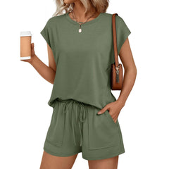 ASKSA Damen Zweiteiler – Modischer Freizeit-Hausanzug mit Rundhalsausschnitt, Kurzarm-Shirt und Shorts