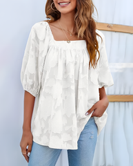 ASKSA Women's Chiffon Shirt 3/4 Lantern Sleeve Summer Shirt Elegant Loose Lace Top Square Neck Babydoll Tunic Shirt