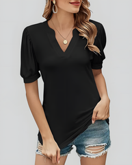 ASKSA Women's T-shirt V-neck puff sleeve short-sleeved basic top summer casual loose waist solid color top