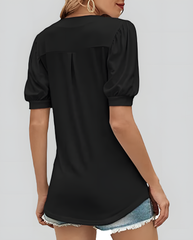 ASKSA Women's T-shirt V-neck puff sleeve short-sleeved basic top summer casual loose waist solid color top