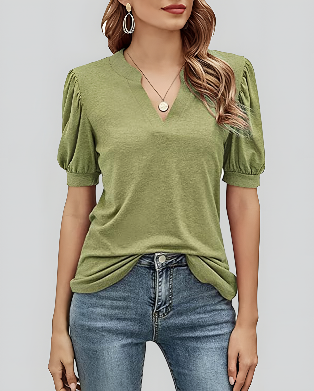 ASKSA Women's T-shirt V-neck puff sleeve short-sleeved basic top summer casual loose waist solid color top
