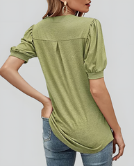 ASKSA Women's T-shirt V-neck puff sleeve short-sleeved basic top summer casual loose waist solid color top