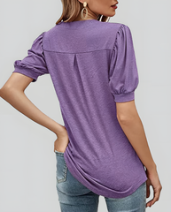 ASKSA Women's T-shirt V-neck puff sleeve short-sleeved basic top summer casual loose waist solid color top