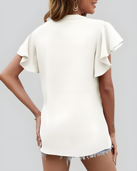 ASKSA Women's Shirt Chiffon Elegant V-neck Ruffle Summer Short Sleeve Loose Solid Color Basic Tops Casual Tunic Tops