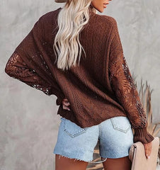 ASKSA women's hollow sweater lace hook sweater casual elegant loose knit sweater top sweater