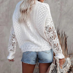 ASKSA women's hollow sweater lace hook sweater casual elegant loose knit sweater top sweater