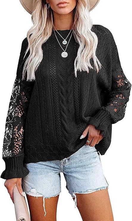 ASKSA women's hollow sweater lace hook sweater casual elegant loose knit sweater top sweater