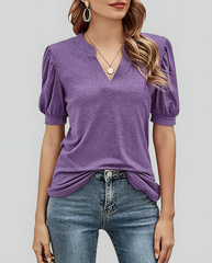 ASKSA Women's T-shirt V-neck puff sleeve short-sleeved basic top summer casual loose waist solid color top